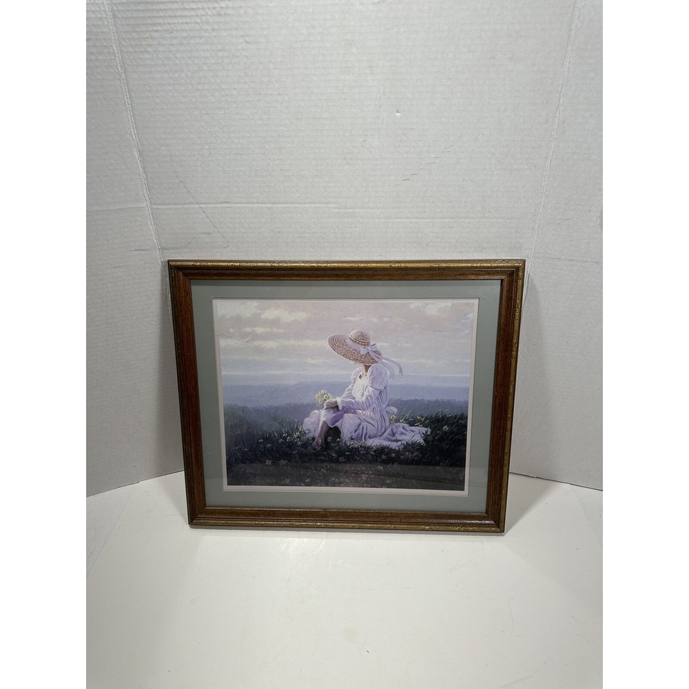 Vintage Home Interiors SIGNED Wall Art Framed LADY IN A FIELD OF FLOWERS
